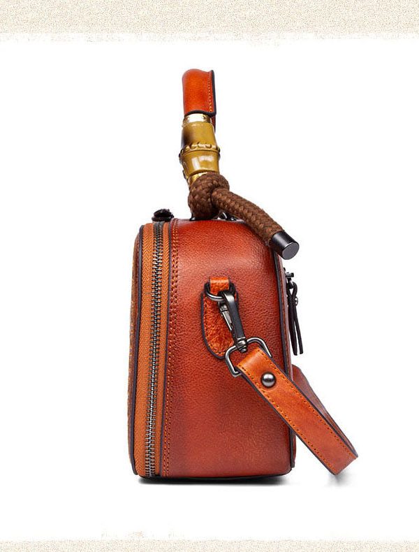 Handmade Brown Jacquard Chinese Style Calf Leather Tote Handbag