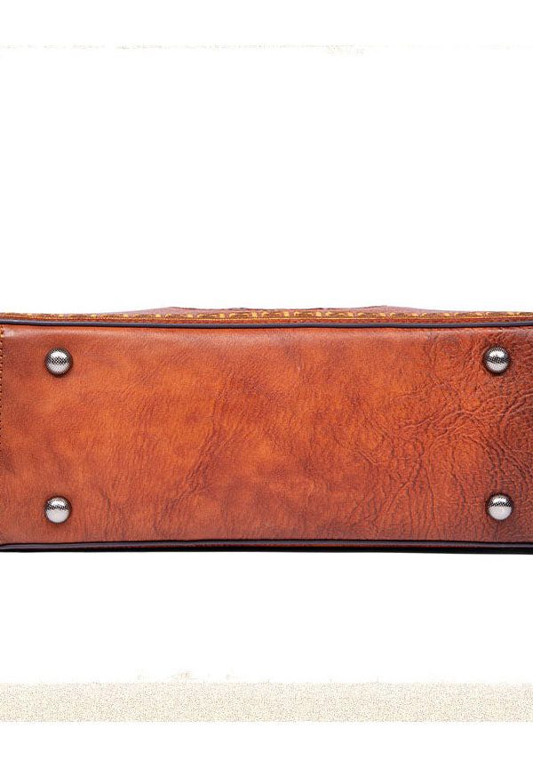 Handmade Brown Jacquard Chinese Style Calf Leather Tote Handbag