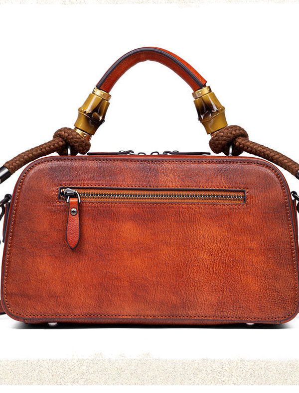 Handmade Brown Jacquard Chinese Style Calf Leather Tote Handbag