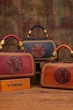 Handmade Brown Jacquard Chinese Style Calf Leather Tote Handbag