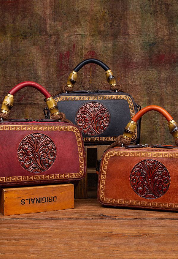 Handmade Brown Jacquard Chinese Style Calf Leather Tote Handbag