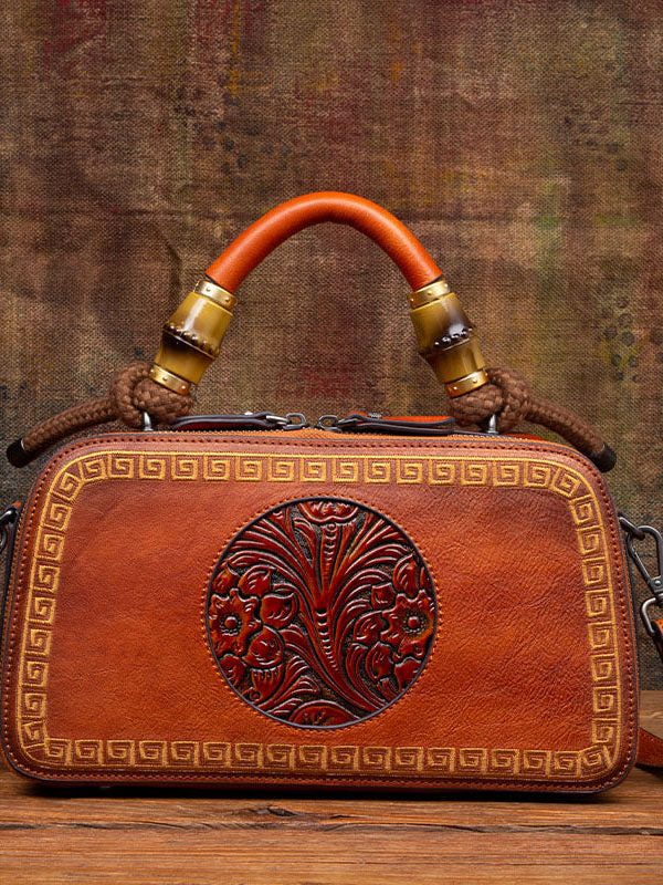 Handmade Brown Jacquard Chinese Style Calf Leather Tote Handbag