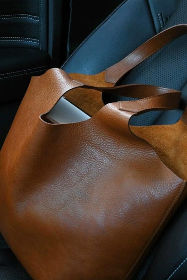 Handmade Brown Large Capacity Calf Leather Shoulder Bag