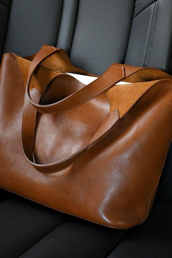 Handmade Brown Large Capacity Calf Leather Shoulder Bag