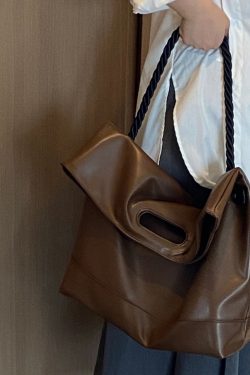 Handmade Brown Large Capacity Faux Leather Satchel Handbag