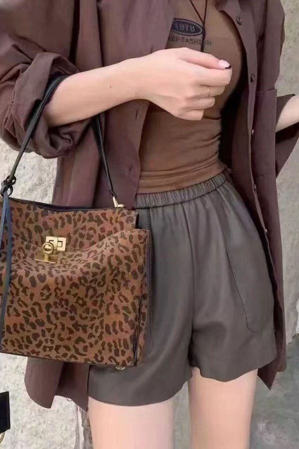 Handmade Brown Leopard Large Capacity Suede Shoulder Bags