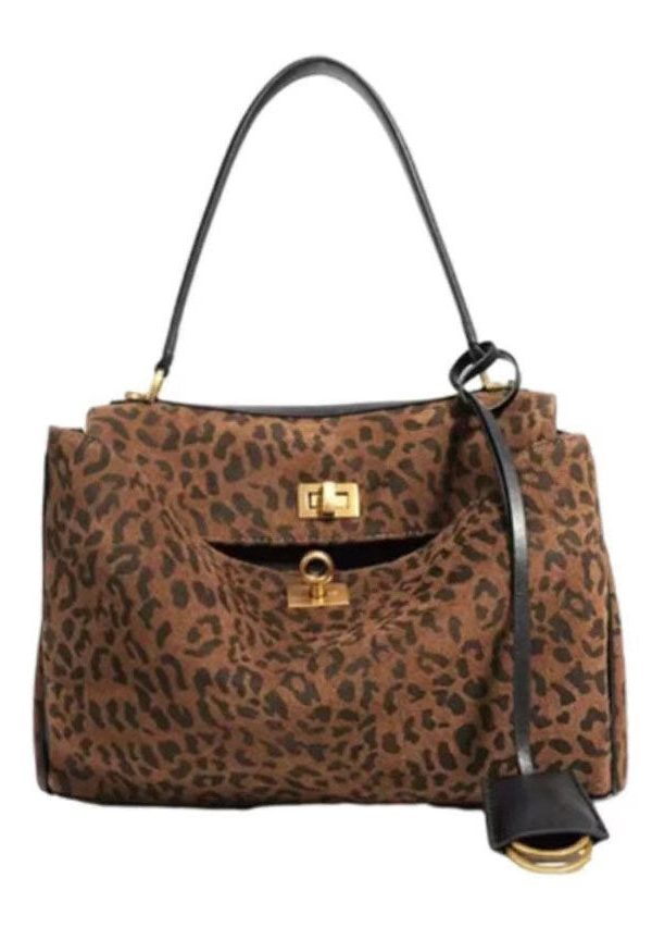 Handmade Brown Leopard Large Capacity Suede Shoulder Bags