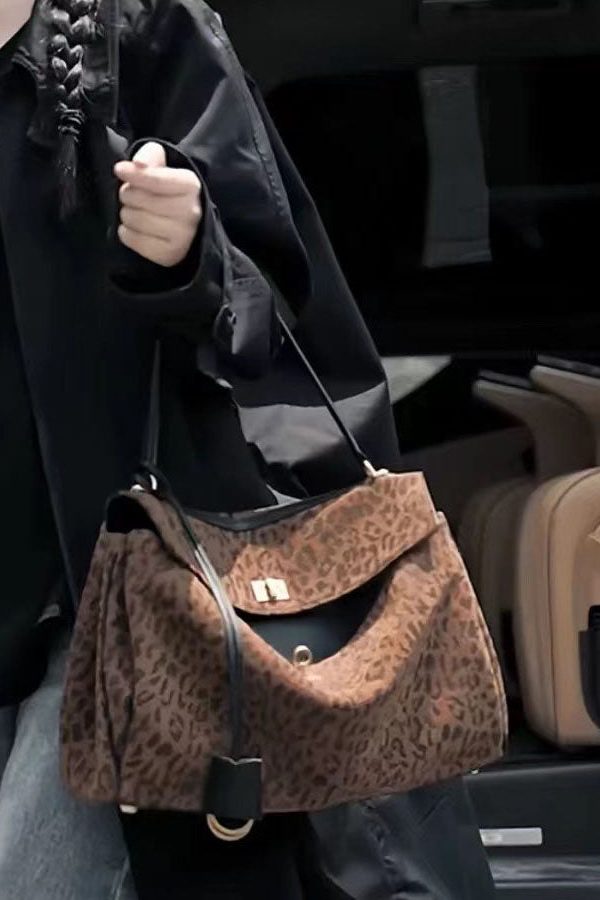 Handmade Brown Leopard Large Capacity Suede Shoulder Bags