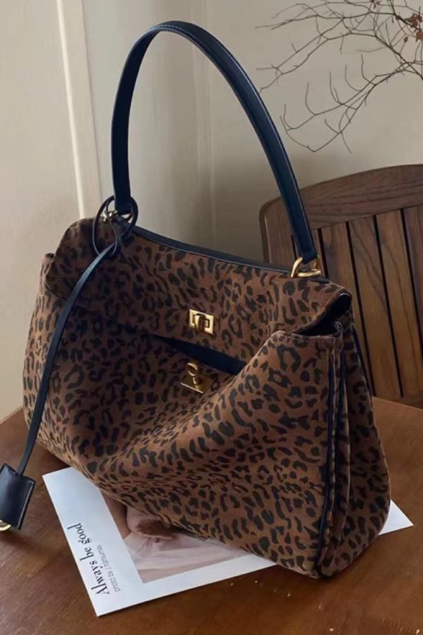 Handmade Brown Leopard Large Capacity Suede Shoulder Bags