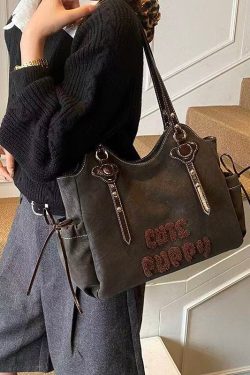 Handmade Brown Letter Embroidered Faux Leather Shoulder Bags