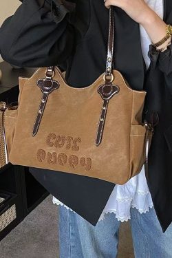 Handmade Brown Letter Embroidered Faux Leather Shoulder Bags