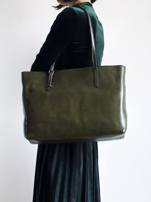 Handmade Brown Solid Color Calf Leather Shopping Bag Satchel Handbag