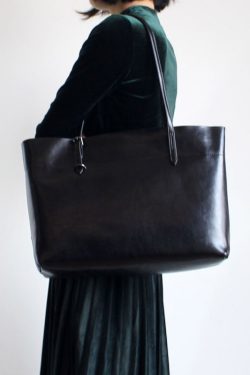 Handmade Brown Solid Color Calf Leather Shopping Bag Satchel Handbag