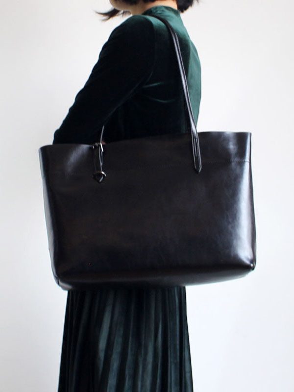 Handmade Brown Solid Color Calf Leather Shopping Bag Satchel Handbag