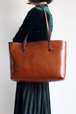 Handmade Brown Solid Color Calf Leather Shopping Bag Satchel Handbag