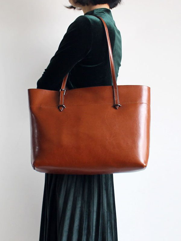Handmade Brown Solid Color Calf Leather Shopping Bag Satchel Handbag