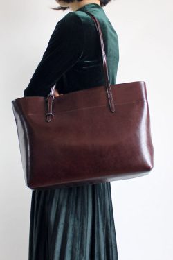 Handmade Brown Solid Color Calf Leather Shopping Bag Satchel Handbag