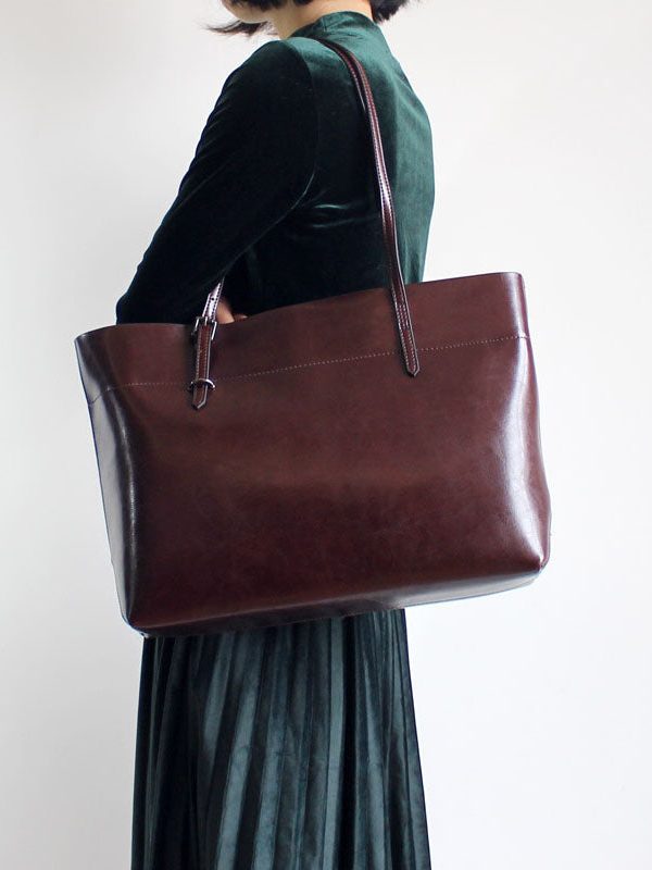 Handmade Brown Solid Color Calf Leather Shopping Bag Satchel Handbag