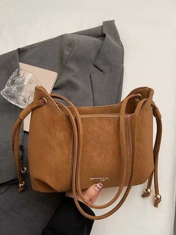 Handmade Brown Solid Durable Pendant Decorated Faux Leather Shoulder Bags