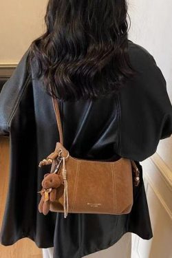 Handmade Brown Solid Durable Pendant Decorated Faux Leather Shoulder Bags