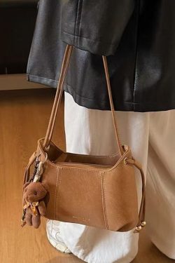 Handmade Brown Solid Durable Pendant Decorated Faux Leather Shoulder Bags