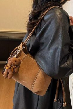 Handmade Brown Solid Durable Pendant Decorated Faux Leather Shoulder Bags