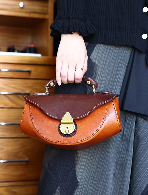 Handmade Brown Versatile Calf Leather Satchel Handbag