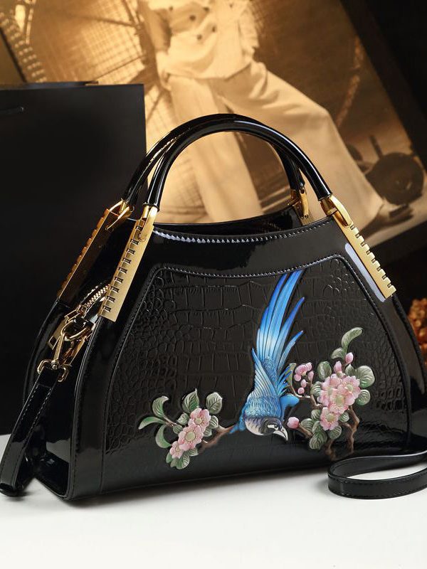 Handmade Chimonanthus Yellow Embroideried Calf Leather Tote Handbag