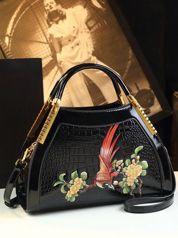 Handmade Chimonanthus Yellow Embroideried Calf Leather Tote Handbag