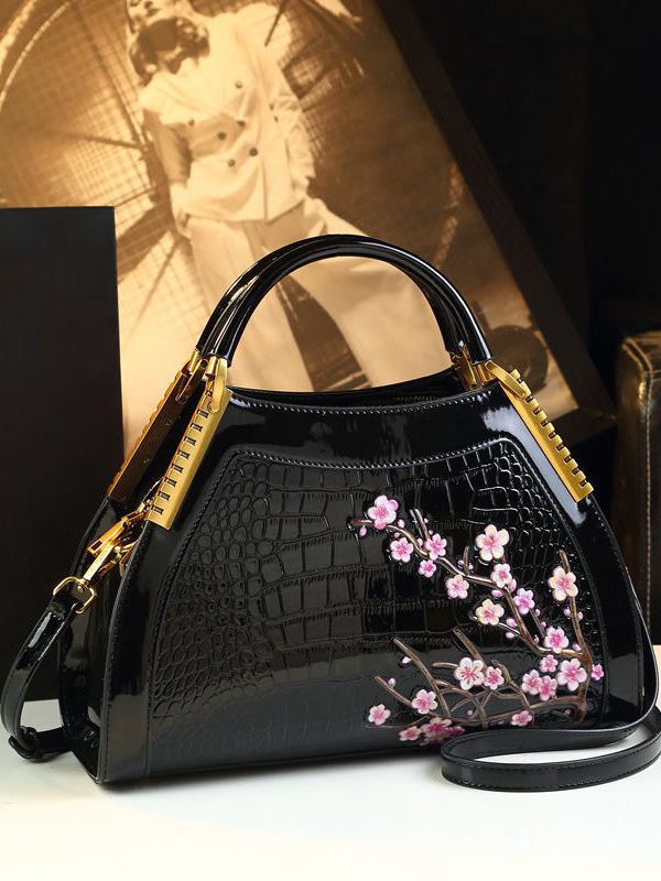 Handmade Chimonanthus Yellow Embroideried Calf Leather Tote Handbag