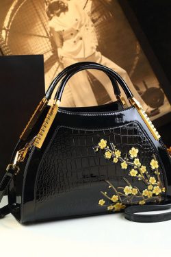 Handmade Chimonanthus Yellow  Embroideried Calf Leather Tote Handbag