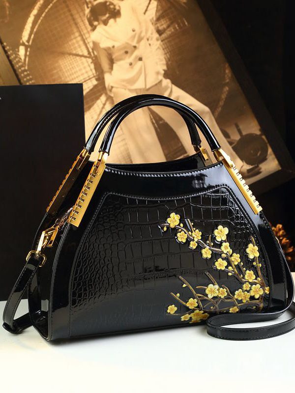 Handmade Chimonanthus Yellow  Embroideried Calf Leather Tote Handbag