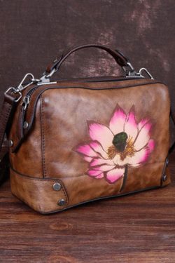 Handmade Chocolate Floral Paitings Calf Leather Satchel Handbag