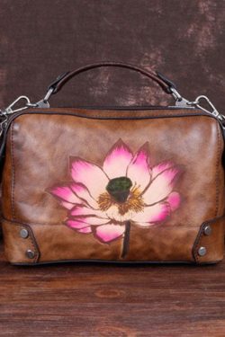 Handmade Chocolate Floral Paitings Calf Leather Satchel Handbag