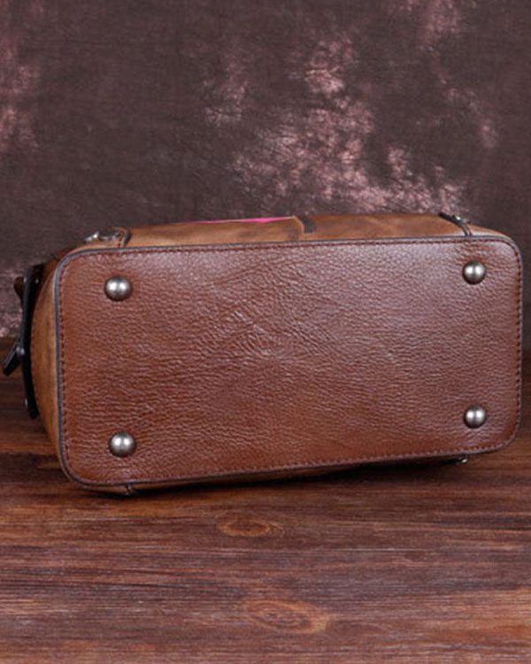 Handmade Chocolate Floral Paitings Calf Leather Satchel Handbag