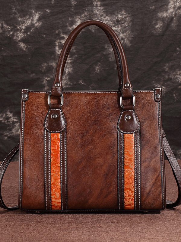 Handmade Coffee Large Capacity Calf Leather Tote Messenger Bag