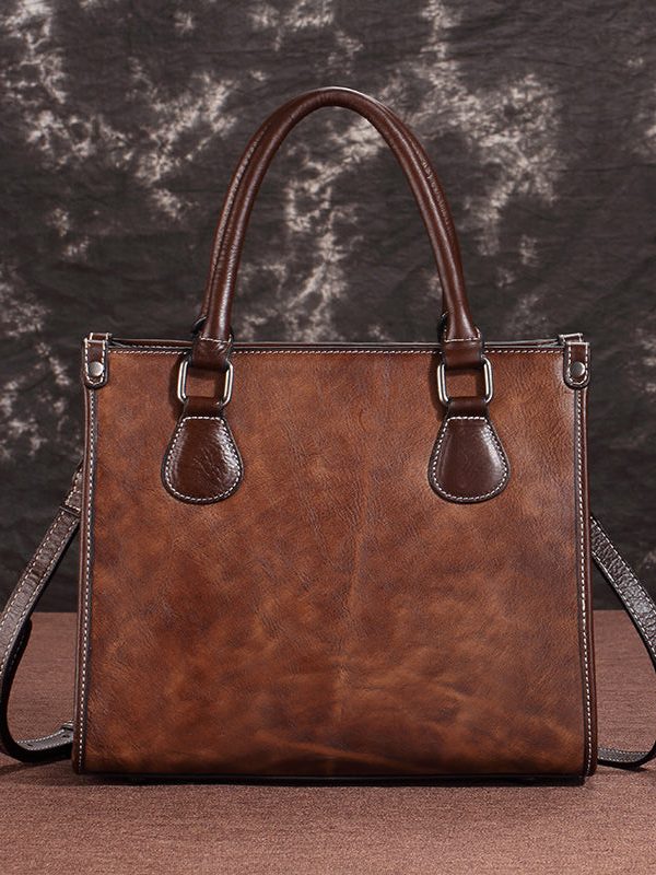 Handmade Coffee Large Capacity Calf Leather Tote Messenger Bag