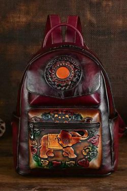 Handmade Embossed Green Pockets Large Capacity Calf Leather Backpack Bag