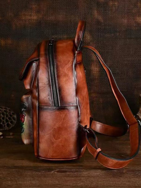 Handmade Embossed Green Pockets Large Capacity Calf Leather Backpack Bag