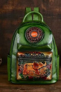 Handmade Embossed Green Pockets Large Capacity Calf Leather Backpack Bag