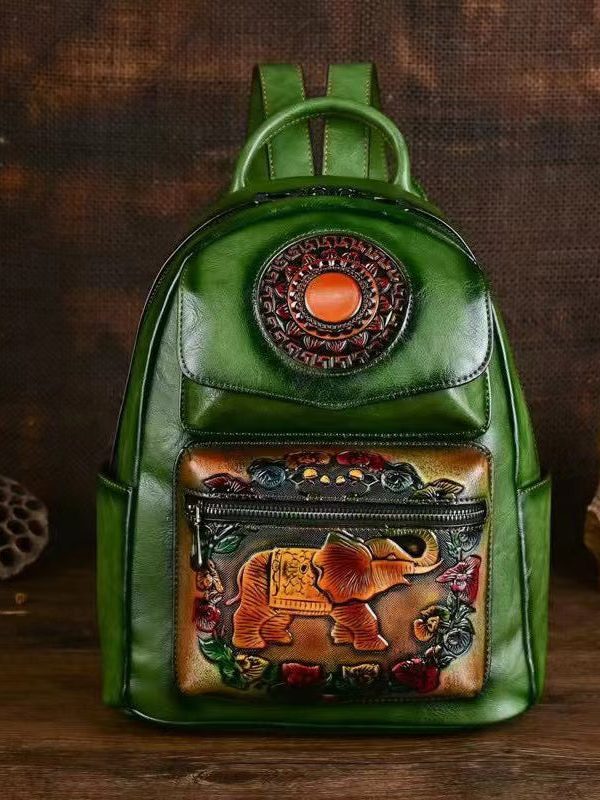 Handmade Embossed Green Pockets Large Capacity Calf Leather Backpack Bag