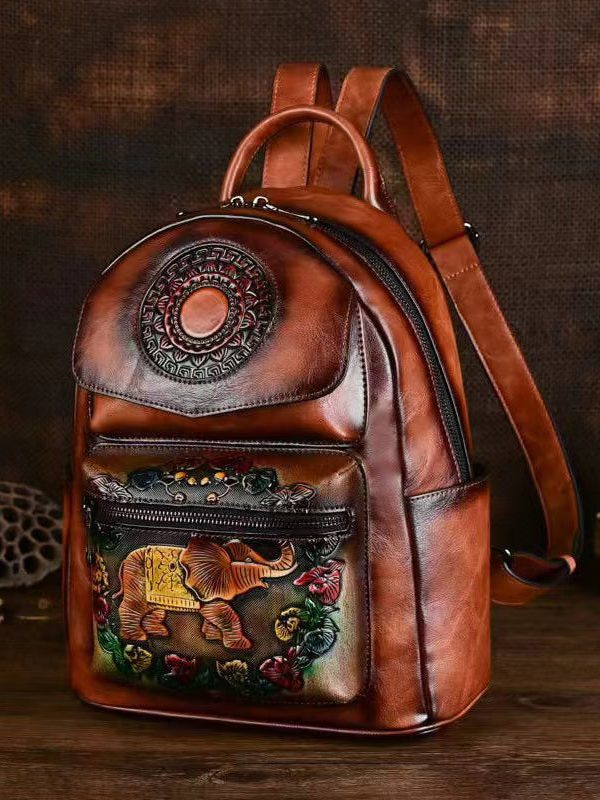 Handmade Embossed Green Pockets Large Capacity Calf Leather Backpack Bag