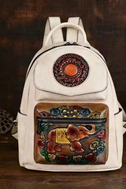 Handmade Embossed Green Pockets Large Capacity Calf Leather Backpack Bag