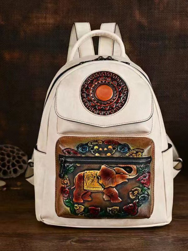 Handmade Embossed Green Pockets Large Capacity Calf Leather Backpack Bag