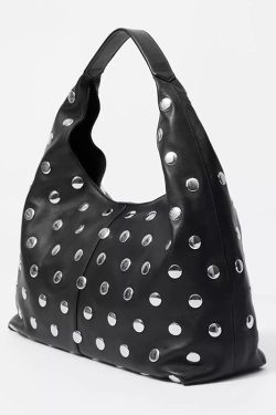 Handmade Fashion Black Rivet Faux Leather Tote Handbag