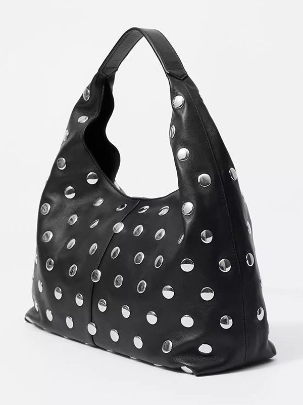 Handmade Fashion Black Rivet Faux Leather Tote Handbag