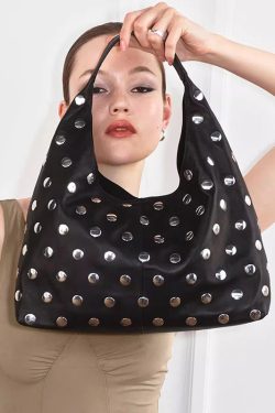 Handmade Fashion Black Rivet Faux Leather Tote Handbag