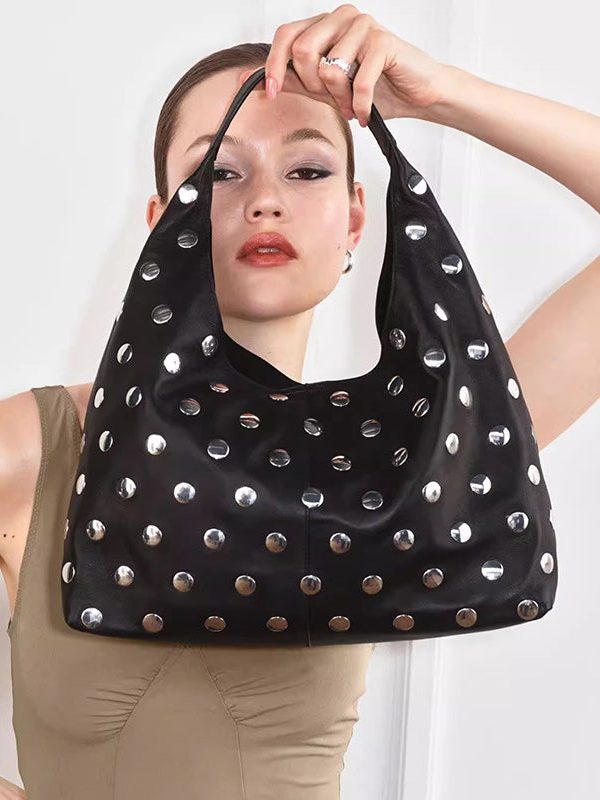 Handmade Fashion Black Rivet Faux Leather Tote Handbag