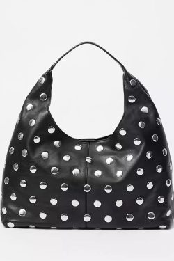 Handmade Fashion Black Rivet Faux Leather Tote Handbag