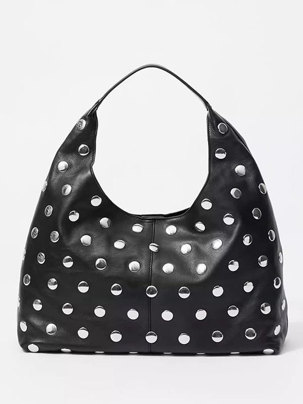 Handmade Fashion Black Rivet Faux Leather Tote Handbag